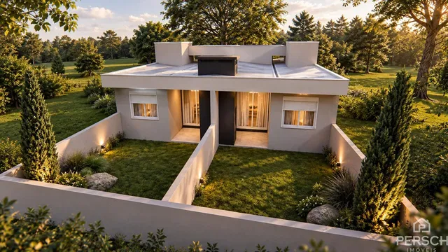Fachada de uma casa moderna com jardim verde em Lajeado, Brasil.