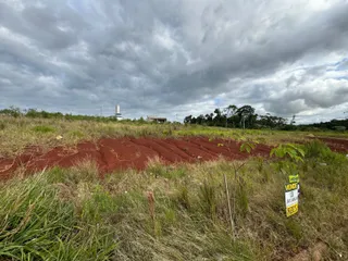 Uma paisagem de campo com vegetação seca e terra vermelha sob um céu nublado.
