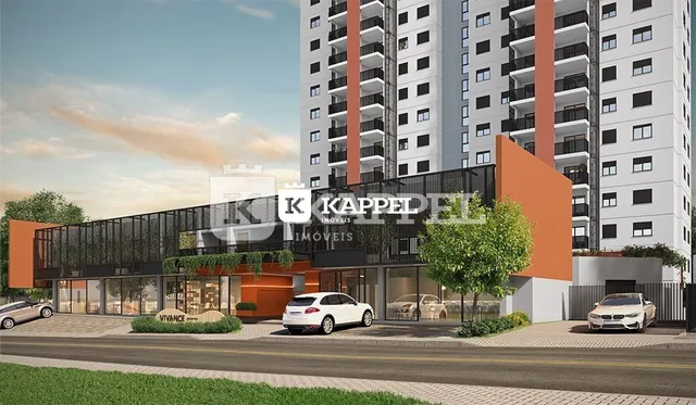 Fachada de um edifício residencial moderno com detalhes em laranja em Lajeado.