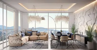 Sala de estar e jantar com grandes janelas e vista.
