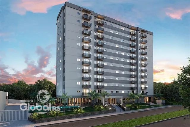 Fachada de um prédio residencial em Lajeado, Brasil ao pôr do sol.