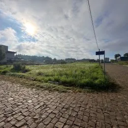 Vista de um terreno aberto com grama seca e caminho de paralelepípedos.