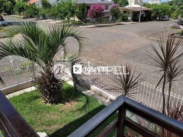 Vista externa de um jardim com palmeiras e cerca.