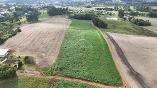 Vista aérea de uma propriedade rural com campos agrícolas verdes e secos em Lajeado.