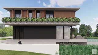 Renderização arquitetônica da fachada de uma residência moderna com jardim e piscina.