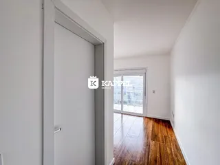 Hall de entrada com piso de madeira e porta branca.