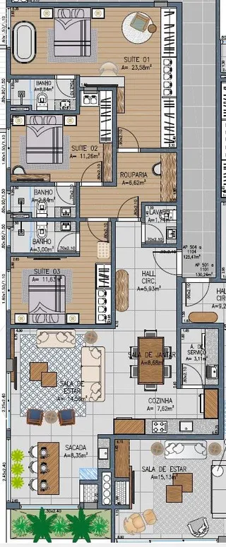 Planta baixa de um apartamento mostrando a distribuição dos cômodos e ambientes.