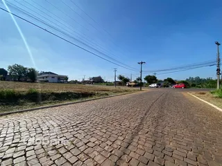Vista da rua pavimentada em Lajeado, Brasil, com vegetação e casas ao fundo.
