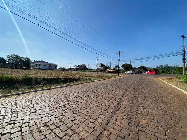 Vista da rua pavimentada em Lajeado, Brasil, com vegetação e casas ao fundo.