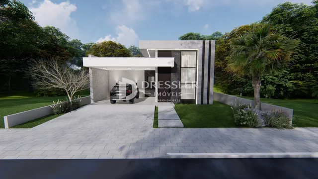 Fachada de uma casa moderna com jardim em Lajeado, Brasil.