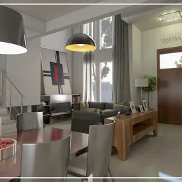 Sala de estar moderna com sofá e luminárias em ambiente interno.
