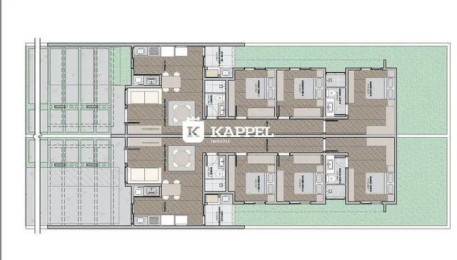 Planta baixa que mostra a distribuição dos cômodos de uma propriedade residencial.