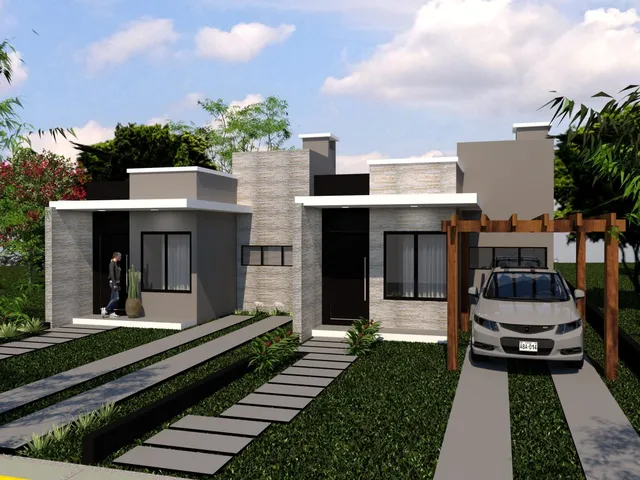 Fachada moderna de uma residência em Lajeado, Brasil, com paisagismo frontal.