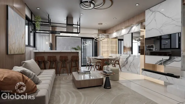 Sala de estar moderna com acabamentos em mármore e decoração contemporânea.