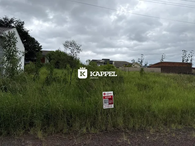 Vista externa de um terreno com vegetação alta e sinalização de imobiliária.