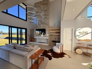 Sala de estar moderna com grandes janelas e vista para o campo.