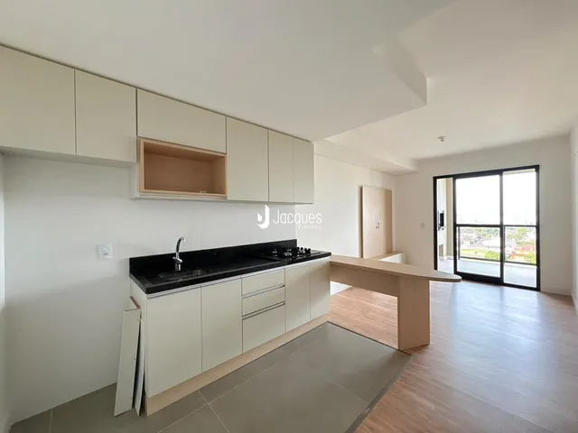 Foto de uma cozinha moderna com armários brancos e piso de madeira.