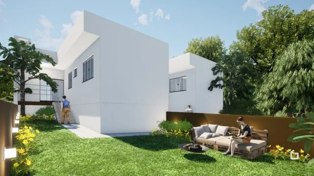 Fachada de uma casa moderna branca em Lajeado, Brasil.