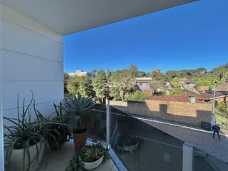 Vista da varanda com plantas e paisagem ao fundo.