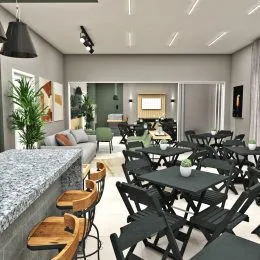 Foto de uma sala de jantar com mesa e cadeiras em um ambiente interno.