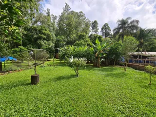 Um gramado verde com árvores densas ao fundo.