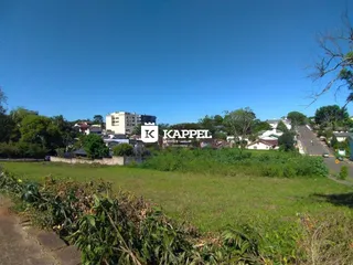 Vista externa de um terreno com vegetação no primeiro plano sob um céu azul.