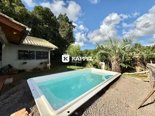 Foto de uma piscina externa retangular em um quintal com vegetação.