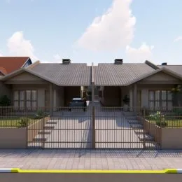 Fachada frontal de uma residência em Lajeado, Brasil, com portão de entrada.