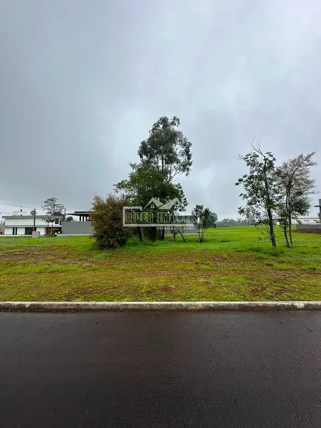 Vista externa de uma propriedade com gramado e árvores.