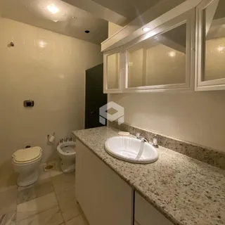 Foto de um banheiro com pia e vaso sanitário.