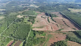 Vista aérea de uma propriedade rural com áreas de mata e campos cultivados.