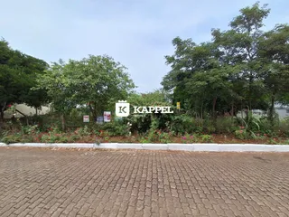 Vista externa da propriedade com vegetação e calçada de tijolos.