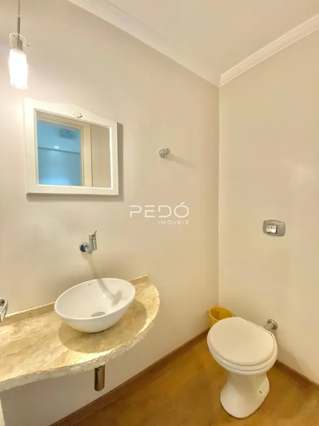 Foto de um banheiro interno com pia e vaso sanitário.