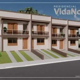 Fachada de um conjunto residencial em Lajeado, Brasil, mostrando as unidades com varandas.
