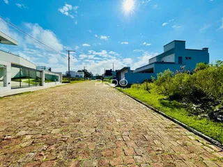 Vista da entrada de uma propriedade com pavimento de paralelepípedos e vegetação ao lado.