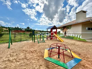 Área externa com estrutura de playground de madeira no quintal.