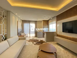 Sala de estar moderna com sofá branco e decoração neutra.