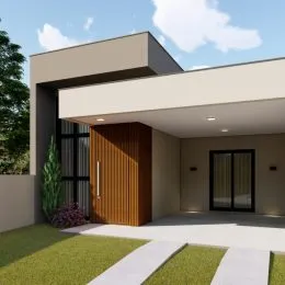 Fachada moderna de uma residência com jardim em Lajeado, Brasil.