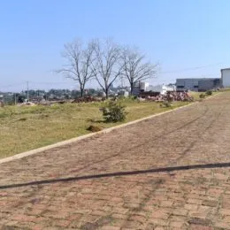 Vista externa de um terreno aberto com vegetação e estrada de terra.