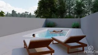 Foto de uma piscina externa com área de descanso em uma propriedade.