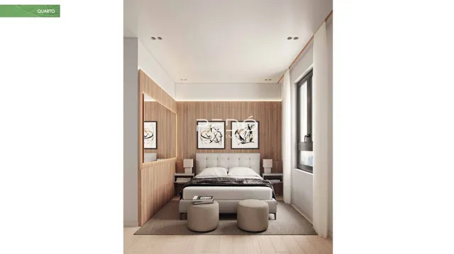 Quarto moderno com cabeceira e decoração de madeira.