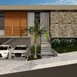 Fachada de uma residência com revestimento de madeira e parede texturizada.
