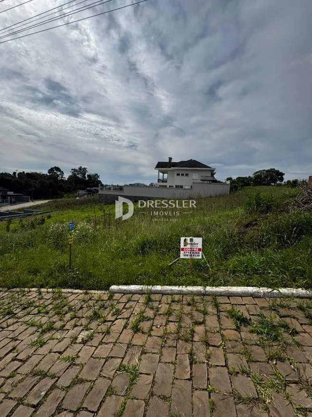 Vista externa de uma propriedade com grama alta em primeiro plano e uma casa ao fundo.