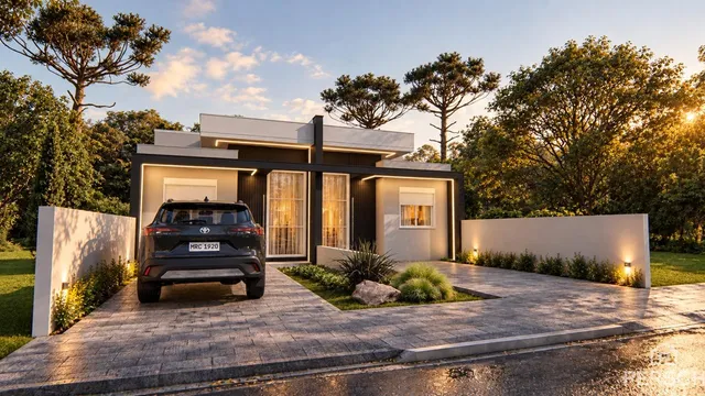 Fachada moderna de uma residência em Lajeado, Brasil, com paisagismo e garagem.