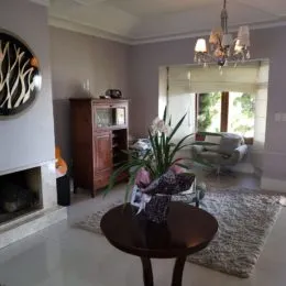 Sala de estar com lareira e janela em ambiente residencial.