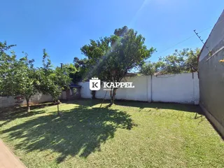 Vista externa de um quintal gramado com árvores e uma parede branca.