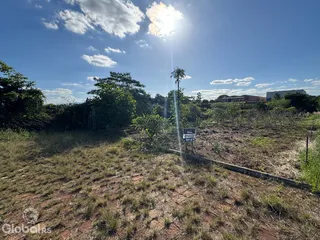 Vista aérea de um terreno aberto com vegetação seca e sinalização no meio-campo.