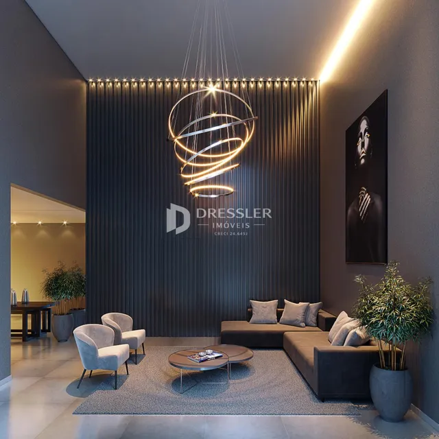 Sala de estar moderna com sofá e iluminação decorativa.