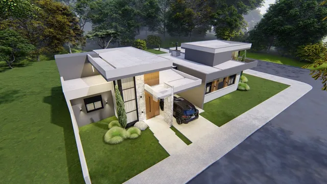 Fachada moderna de uma residência em Lajeado, Brasil, com jardim e entrada pavimentada.