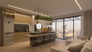 Sala de estar moderna com cozinha integrada e vista urbana.